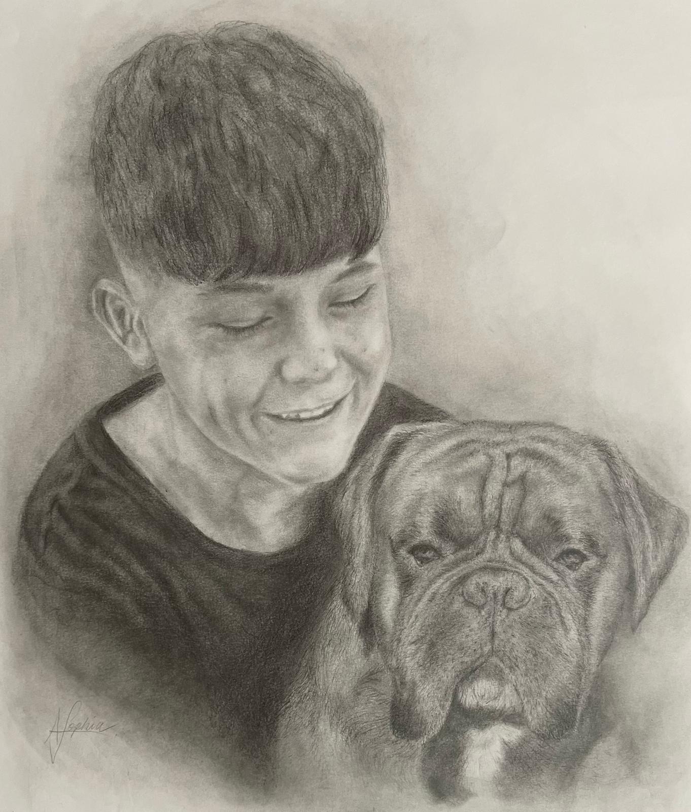 Osian and Bruce, pencil portrait by Anna-Sophia